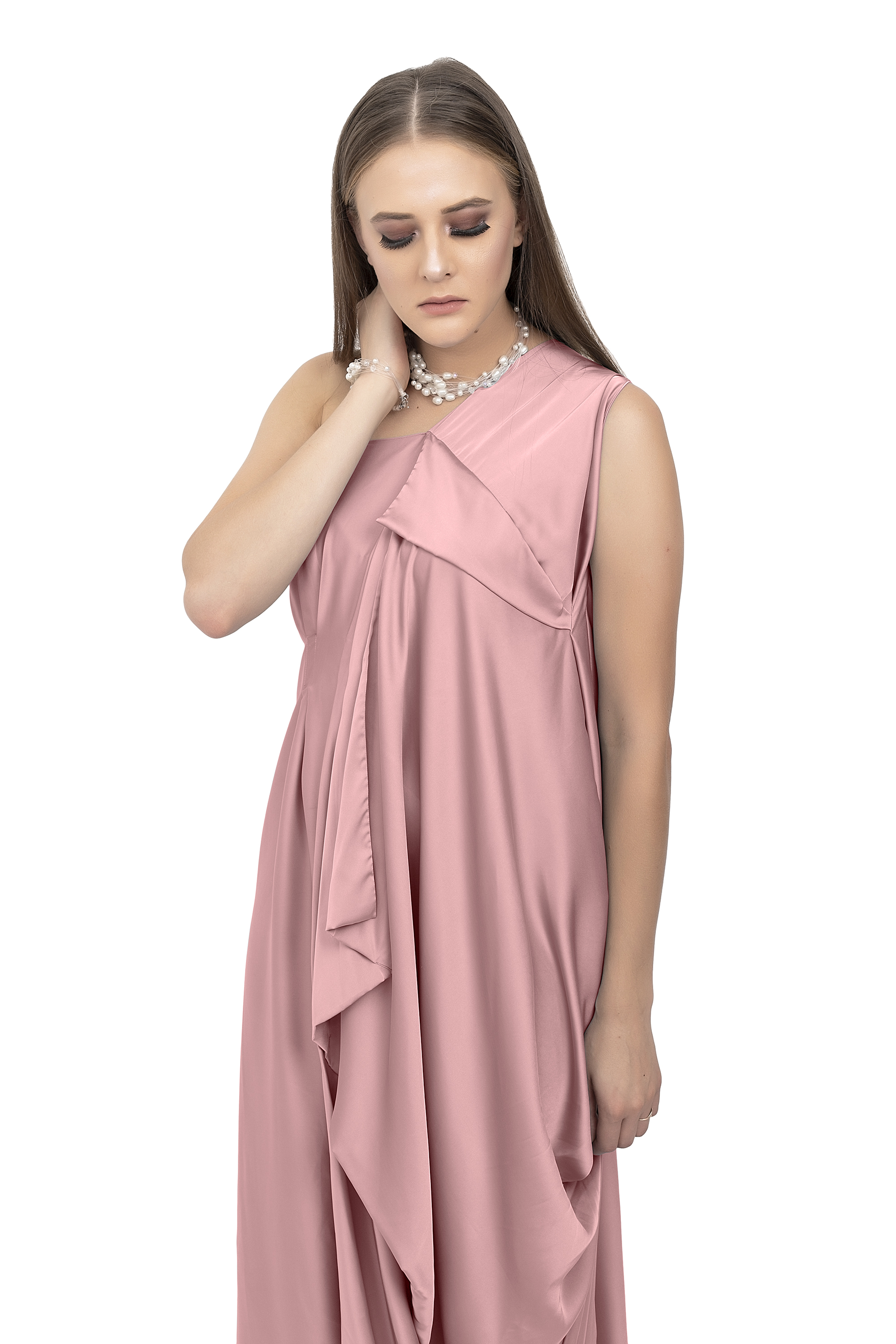 Dull Pink Draped Dress One Shoulder Draped Gown