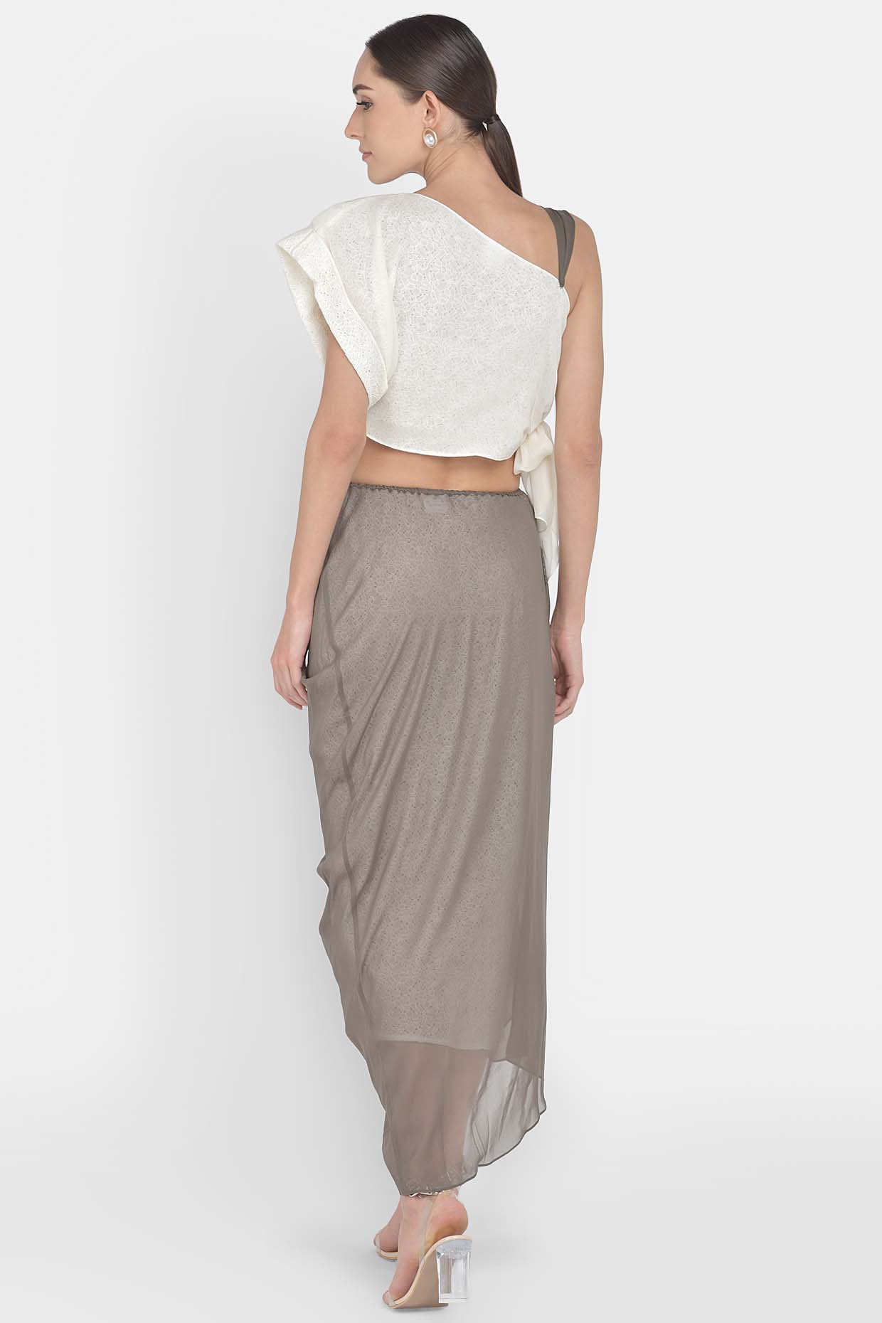 Lace & Georgette  Crop Top & Skirt With Pearl Embellishment