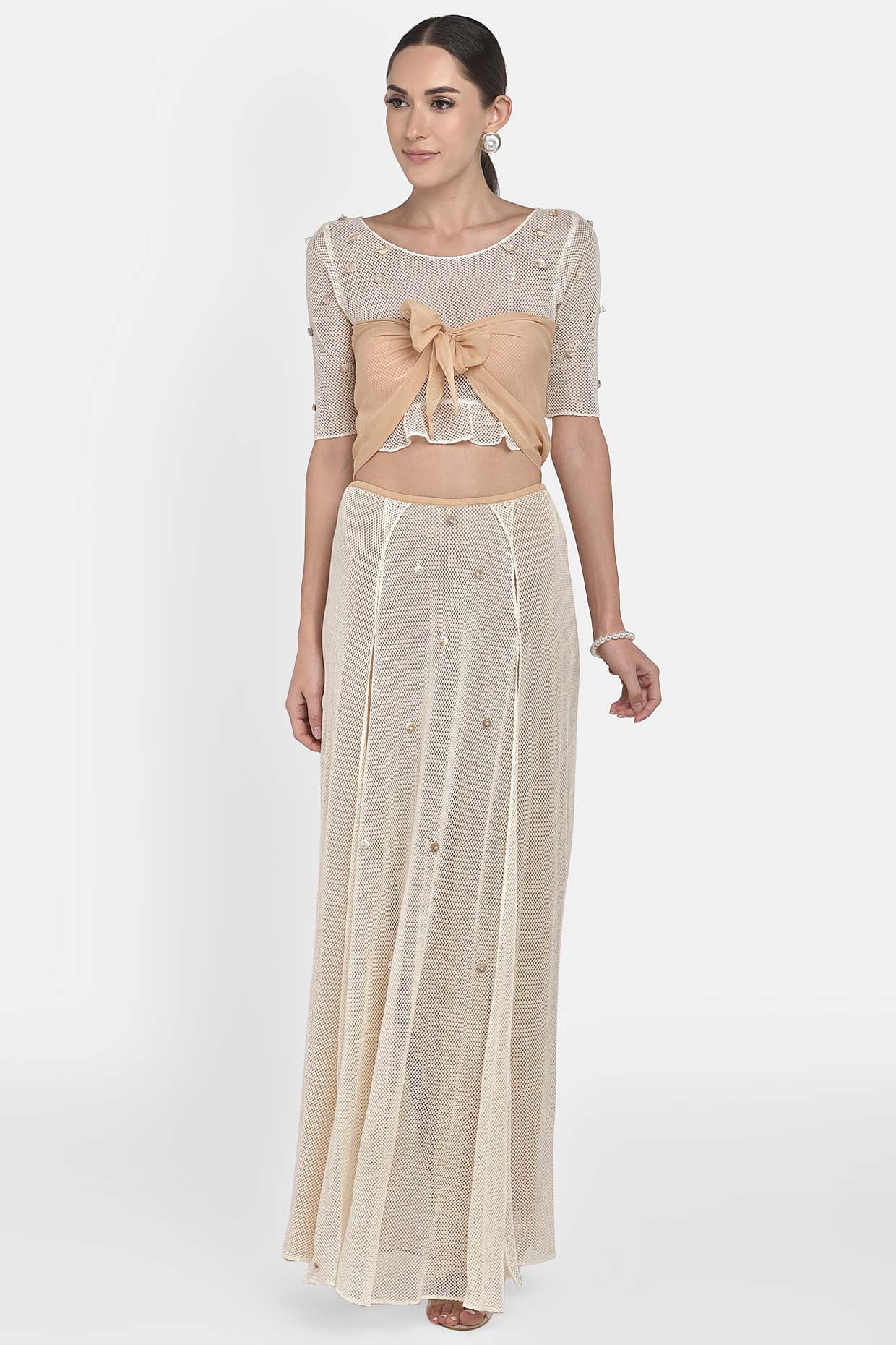Off White Mesh Crop Top & Slit Pant Skirt With Embellishments
