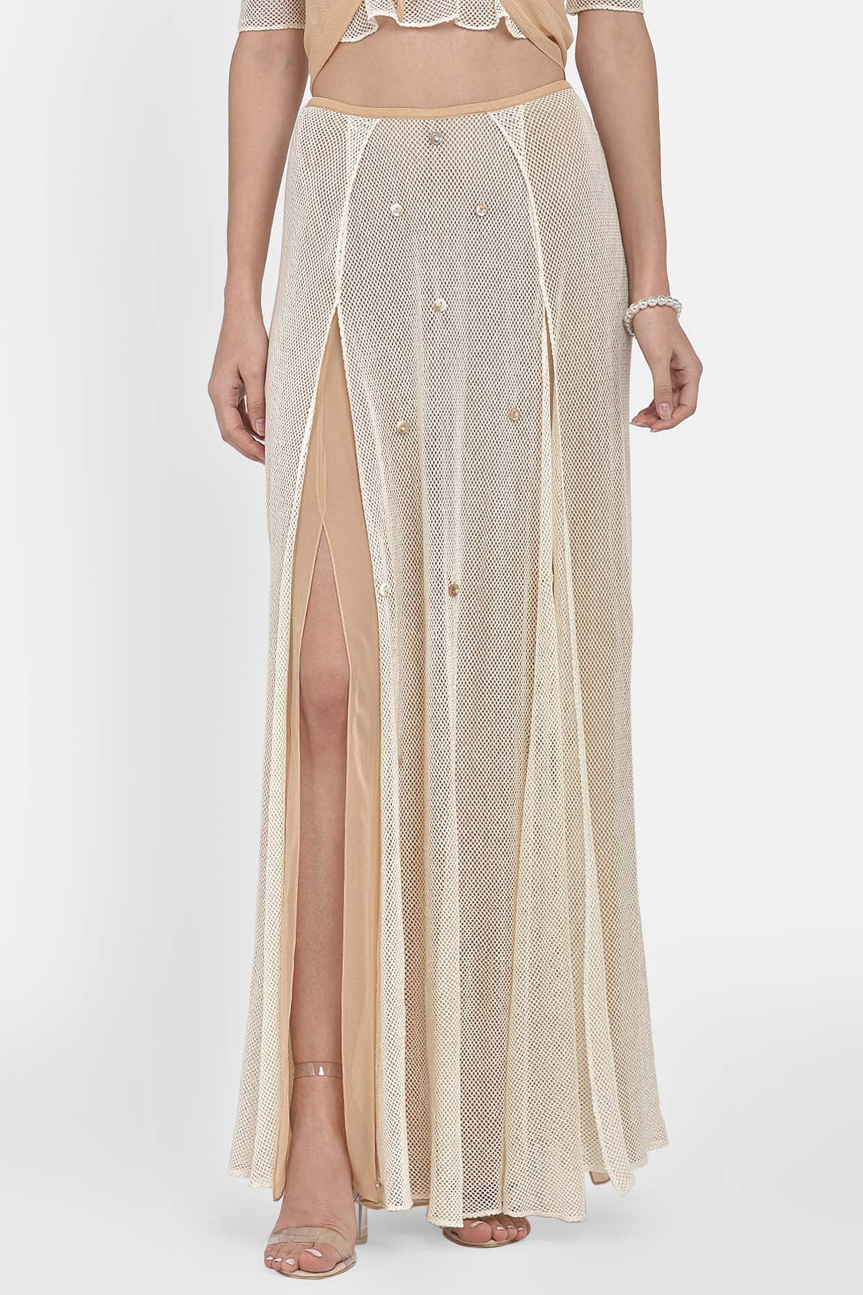 Off White Mesh Crop Top & Slit Pant Skirt With Embellishments