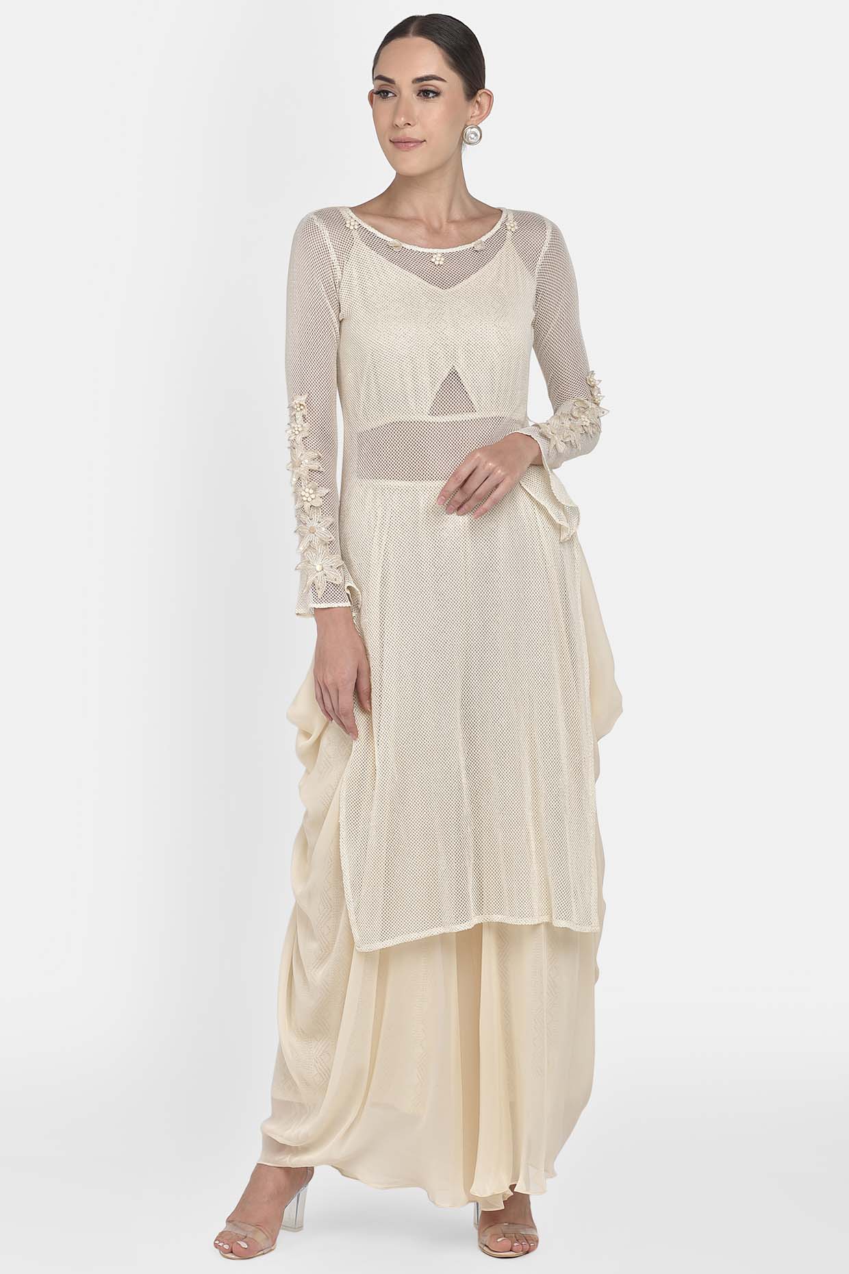 Off White Mesh Kurta With Embroidery & Cowl Pants