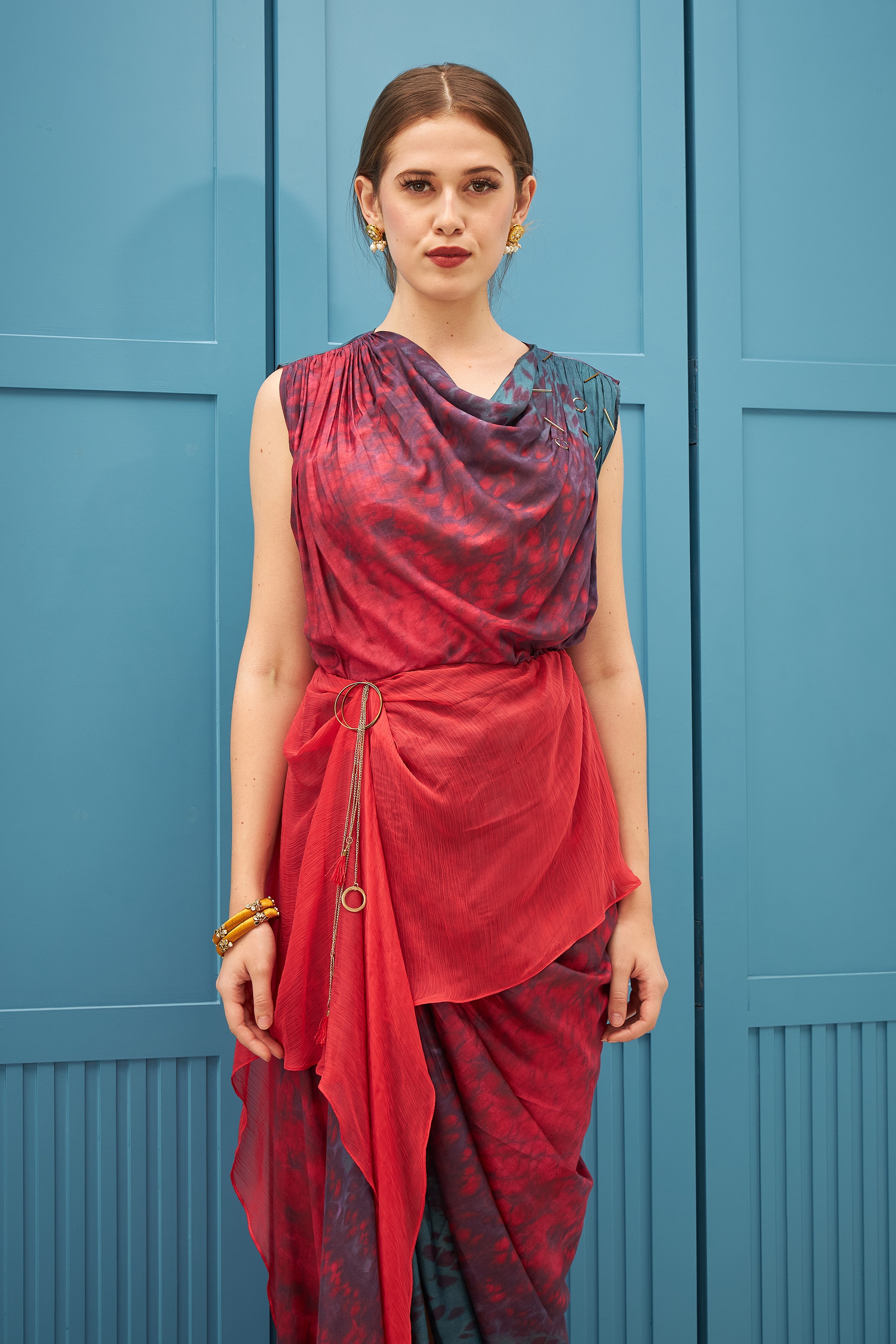 Hand Embellished Indo Western Draped Dress With Cowl Neck