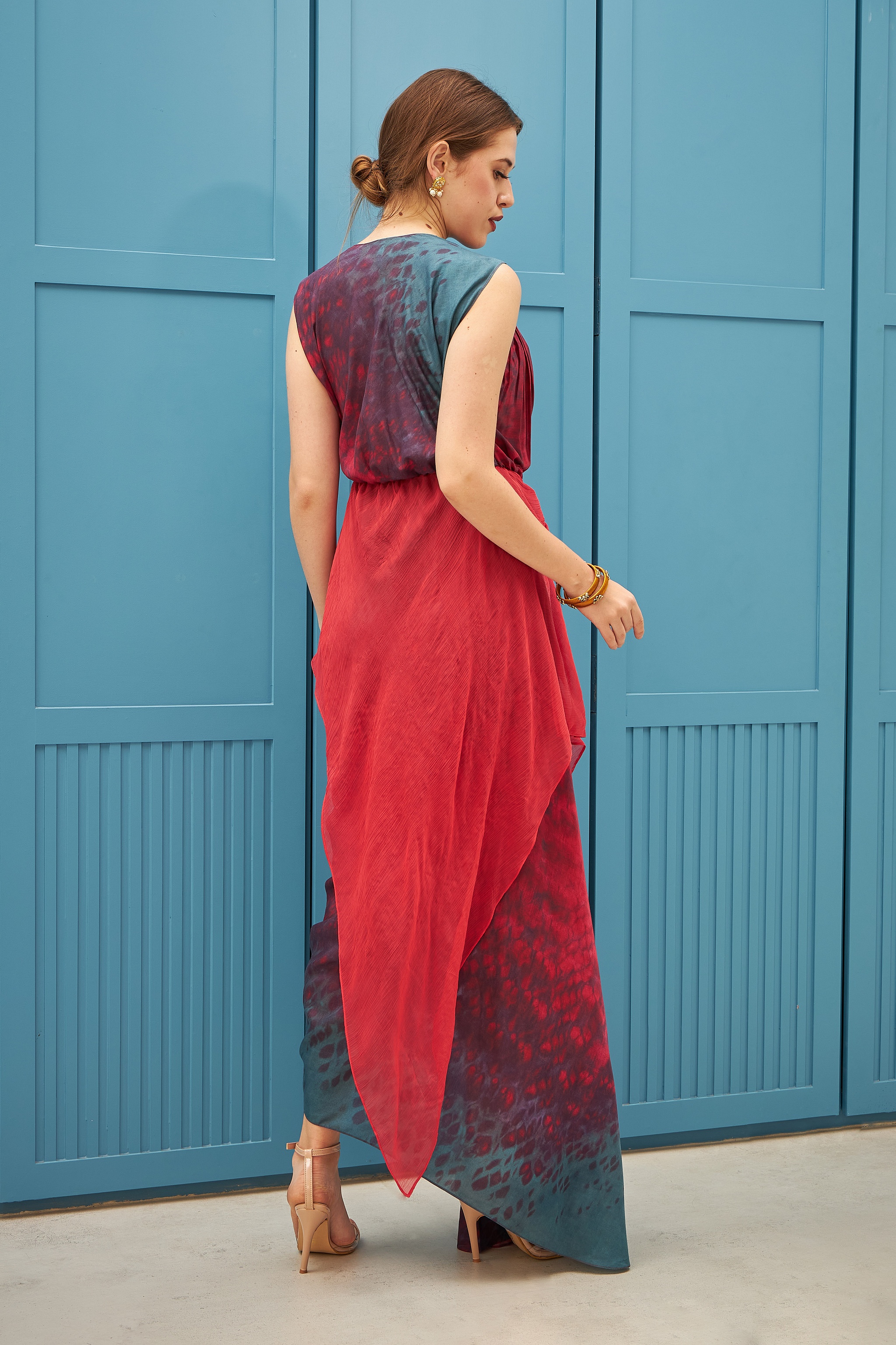Hand Embellished Indo Western Draped Dress With Cowl Neck