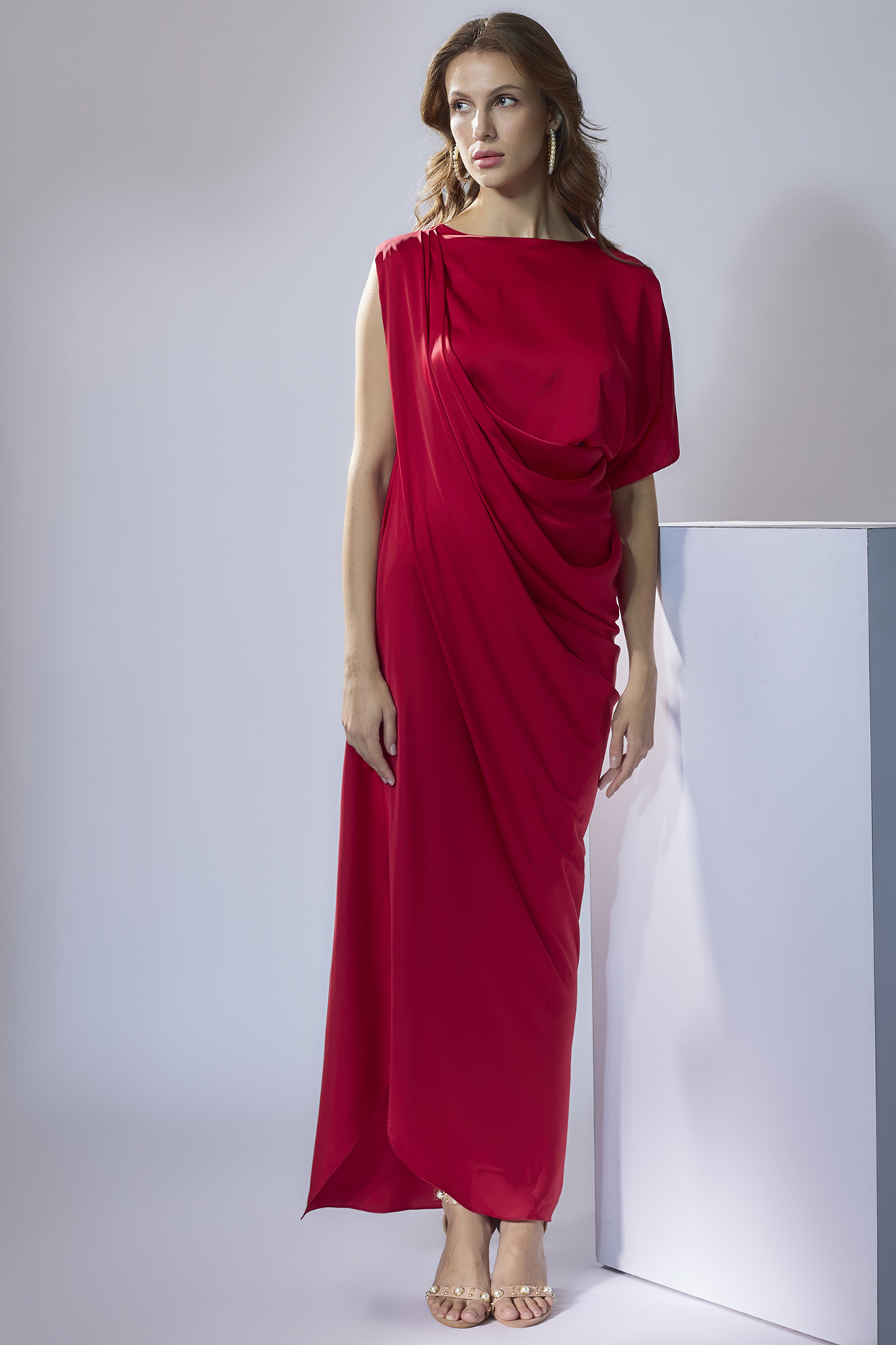 Red Cowl Draped Gown