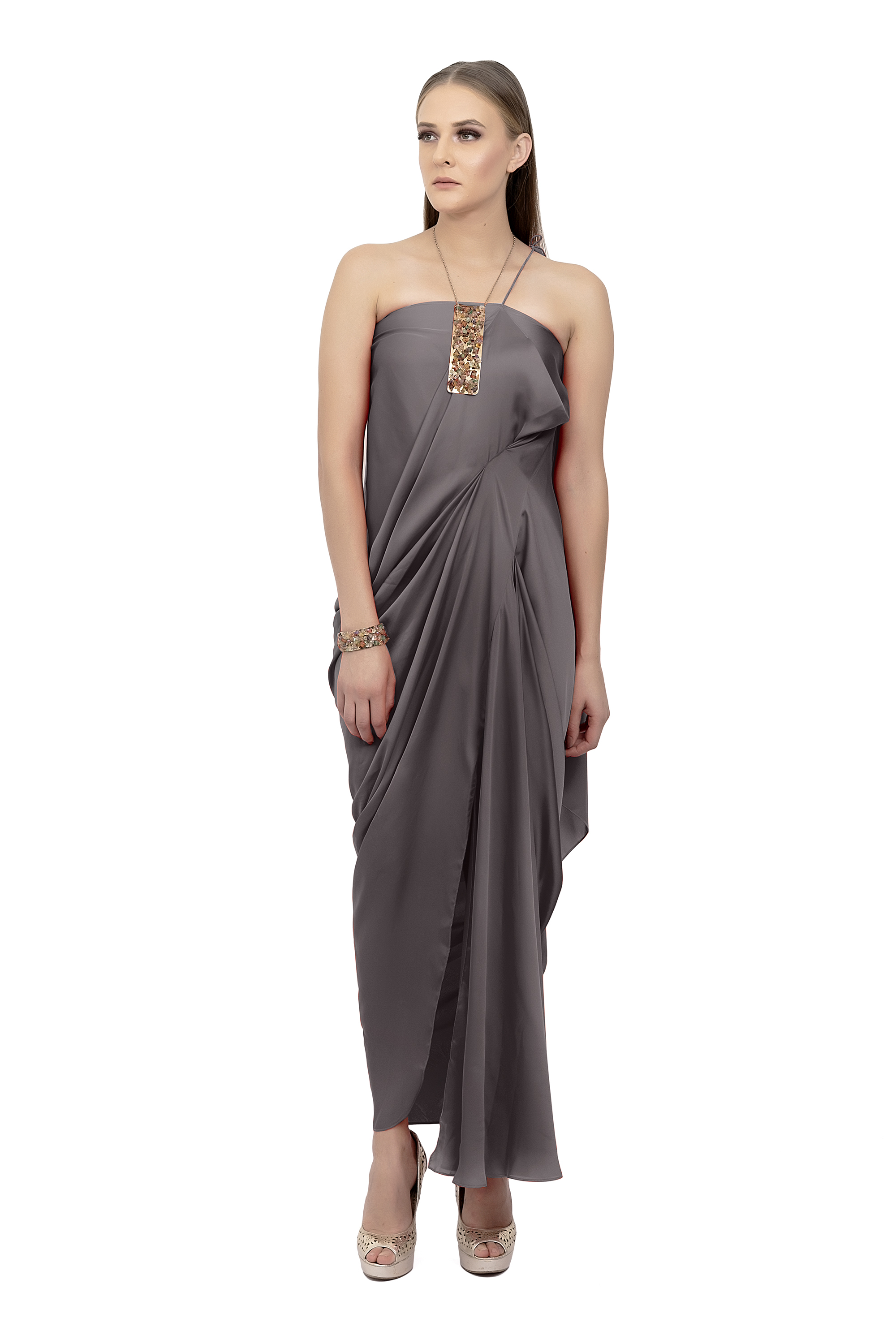 Steel Grey Off-Shoulder Dress With Scarf