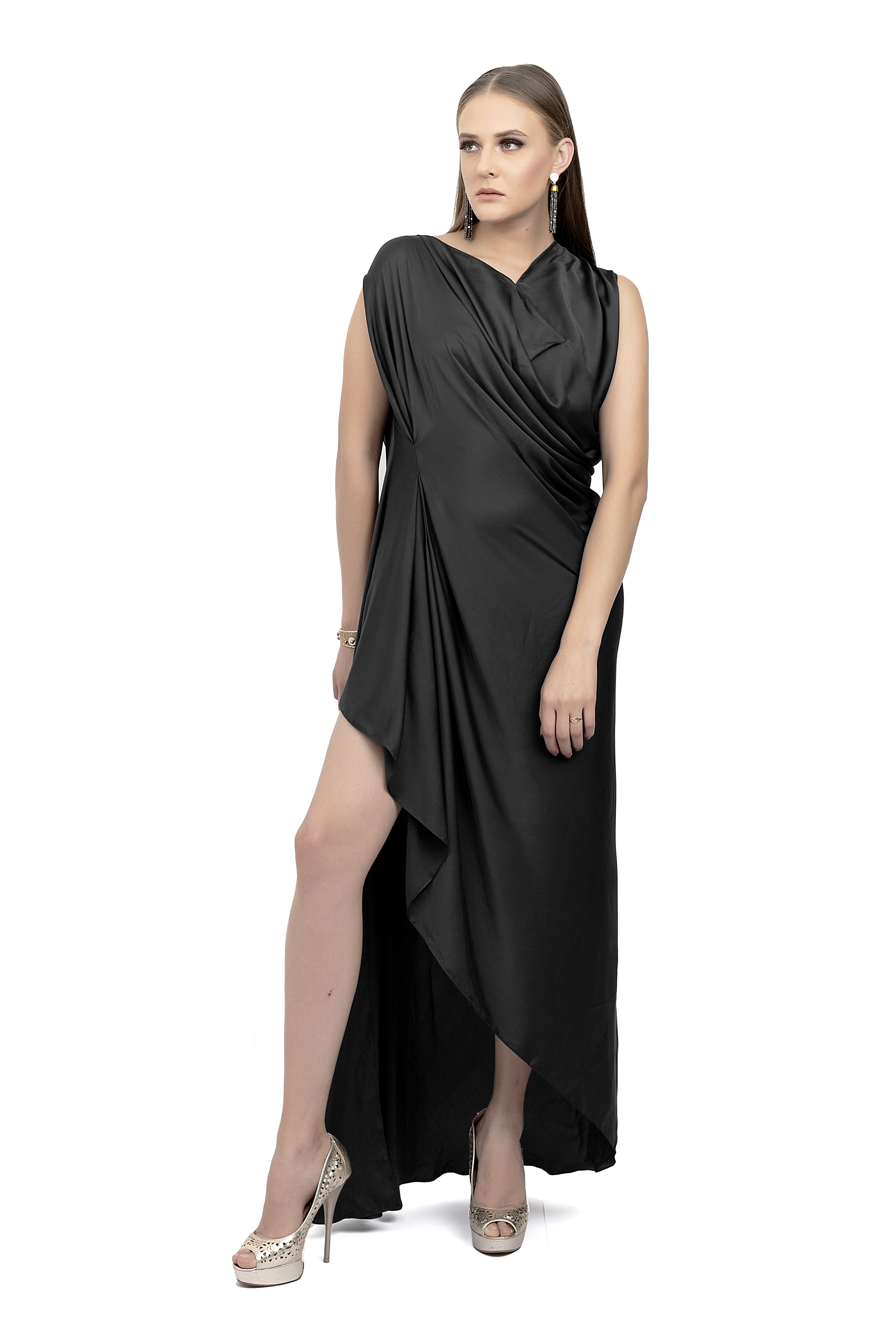 Black Satin Silk Asymmetrical Dress