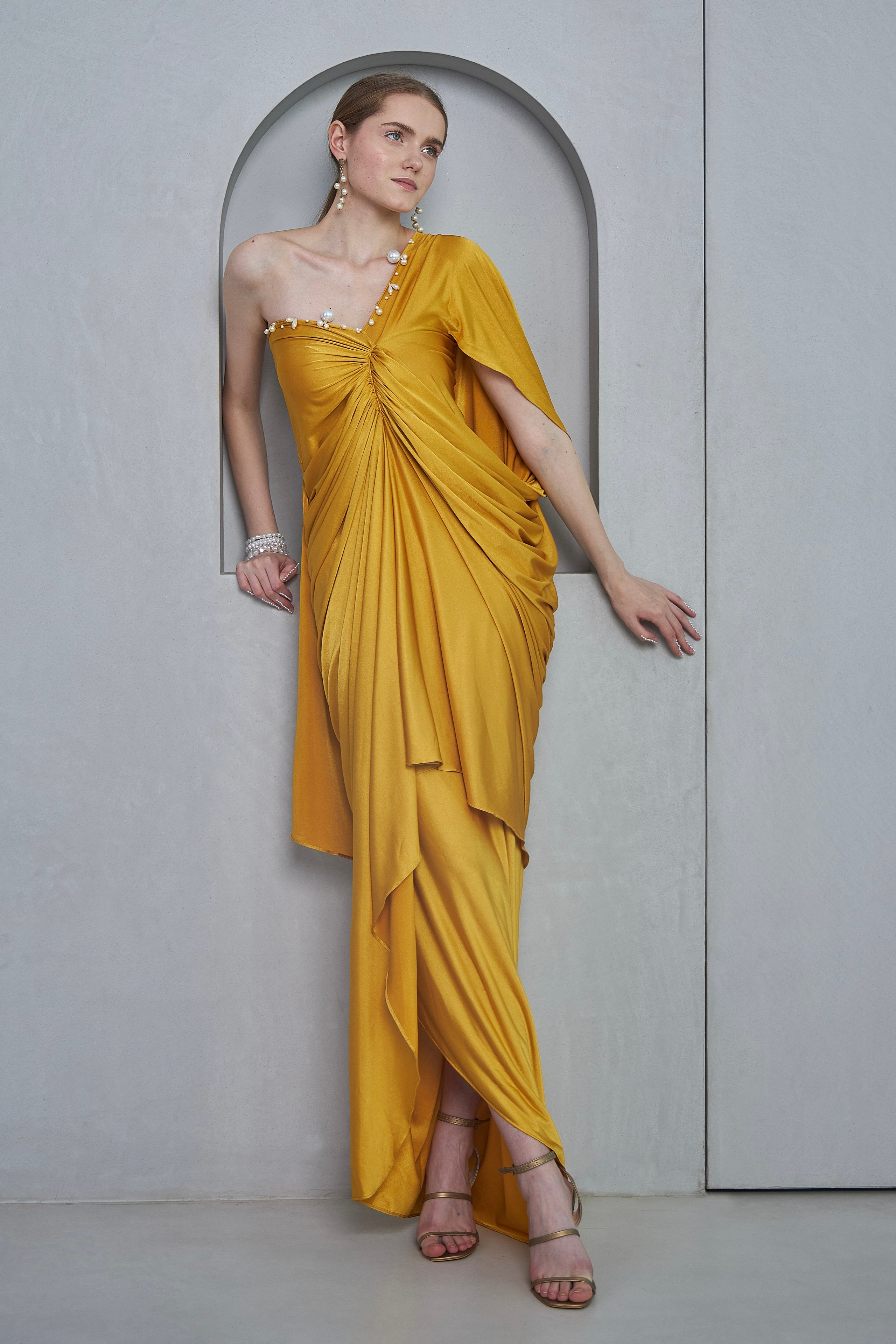 Pearl Embellished Asymmetric One Shoulder Draped Gown