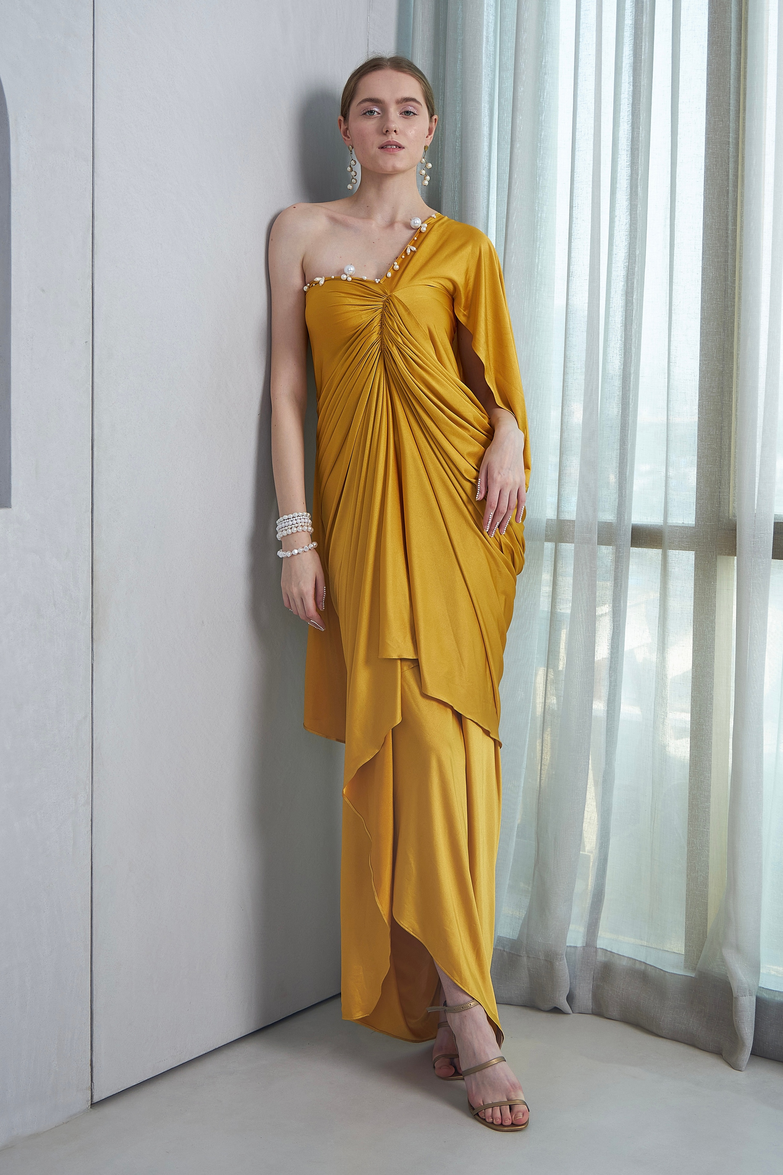 Pearl Embellished Asymmetric One Shoulder Draped Gown