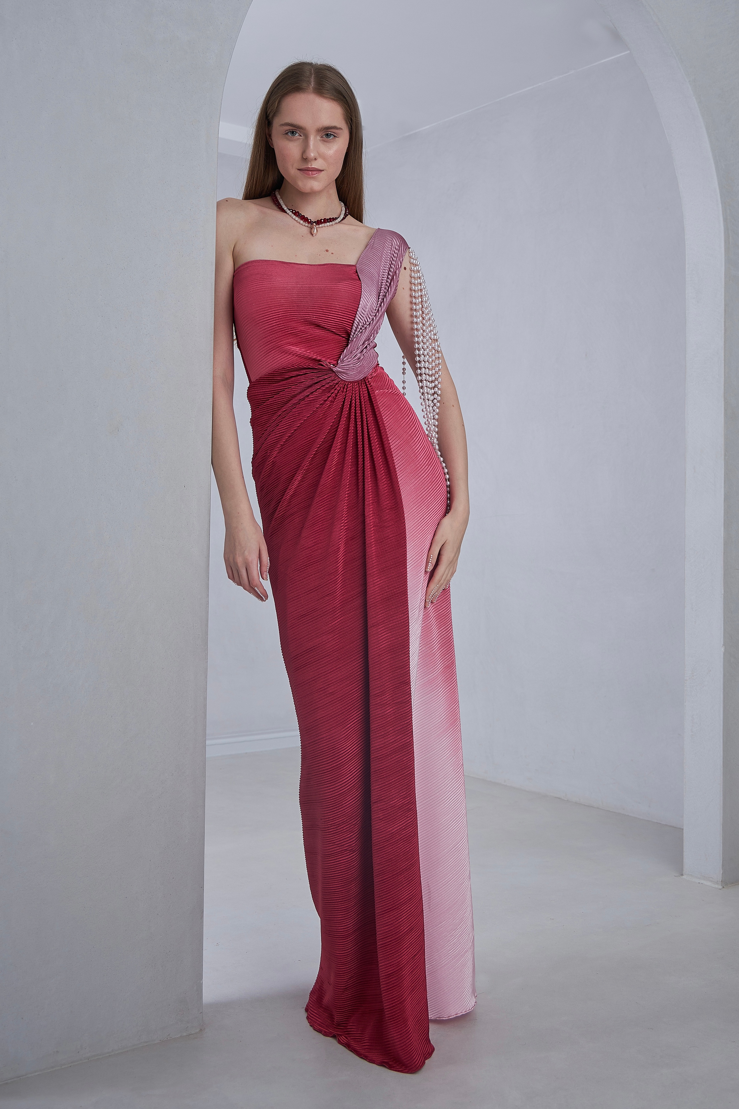 Shaded One Shoulder Gown With Pearl Tassels