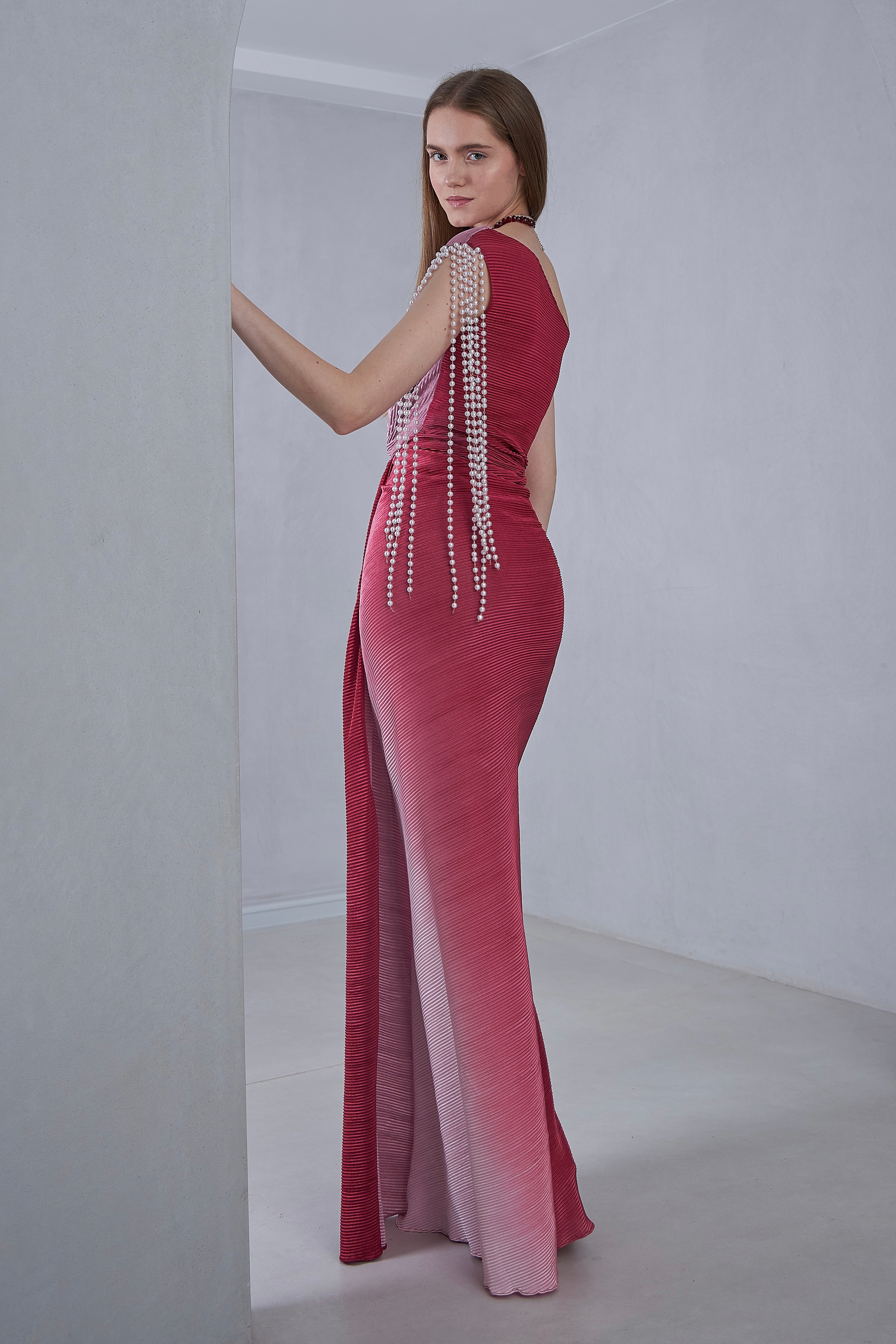 Shaded One Shoulder Gown With Pearl Tassels