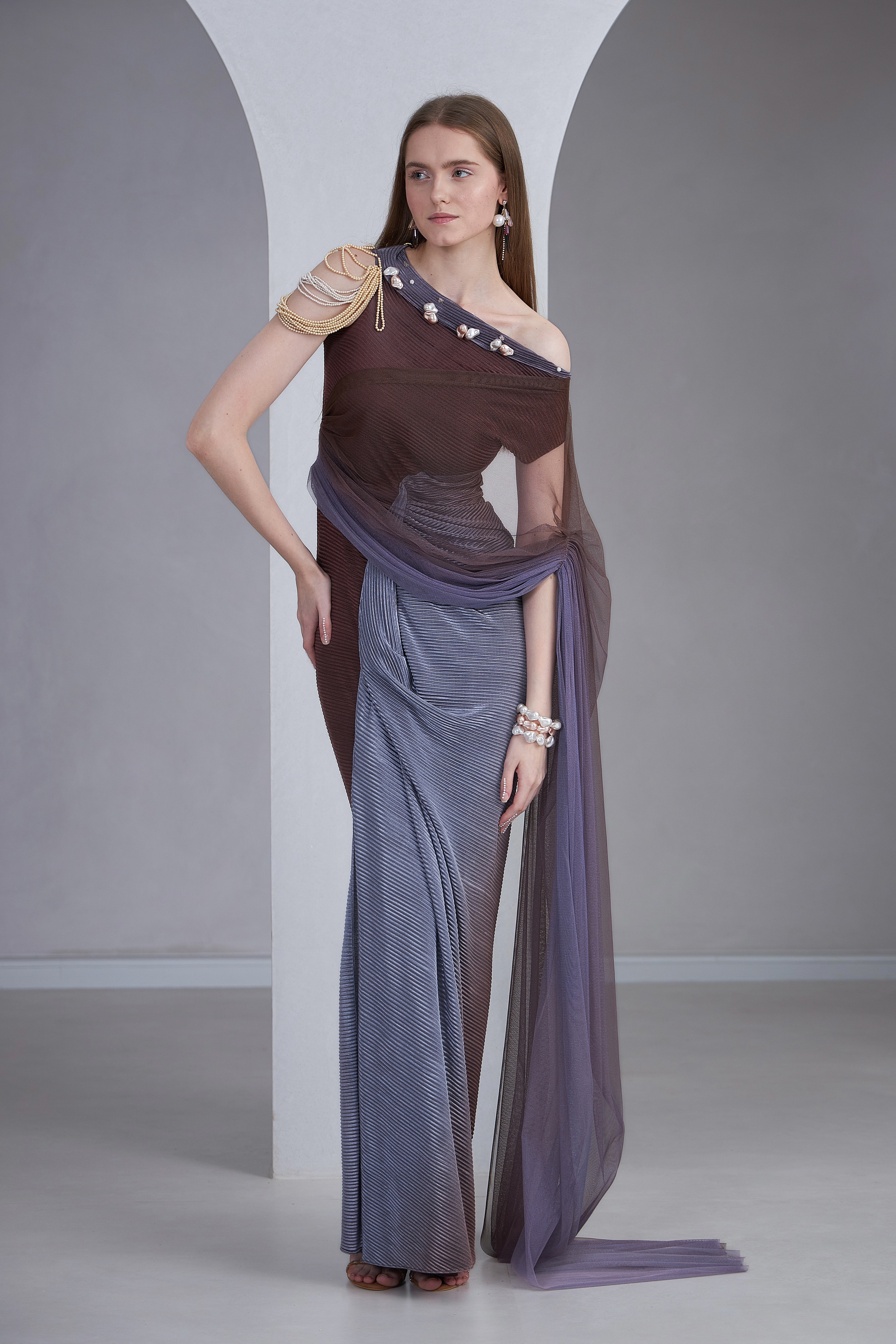 Shaded Asymmetric Neck Draped Gown with Pearl Embellishments
