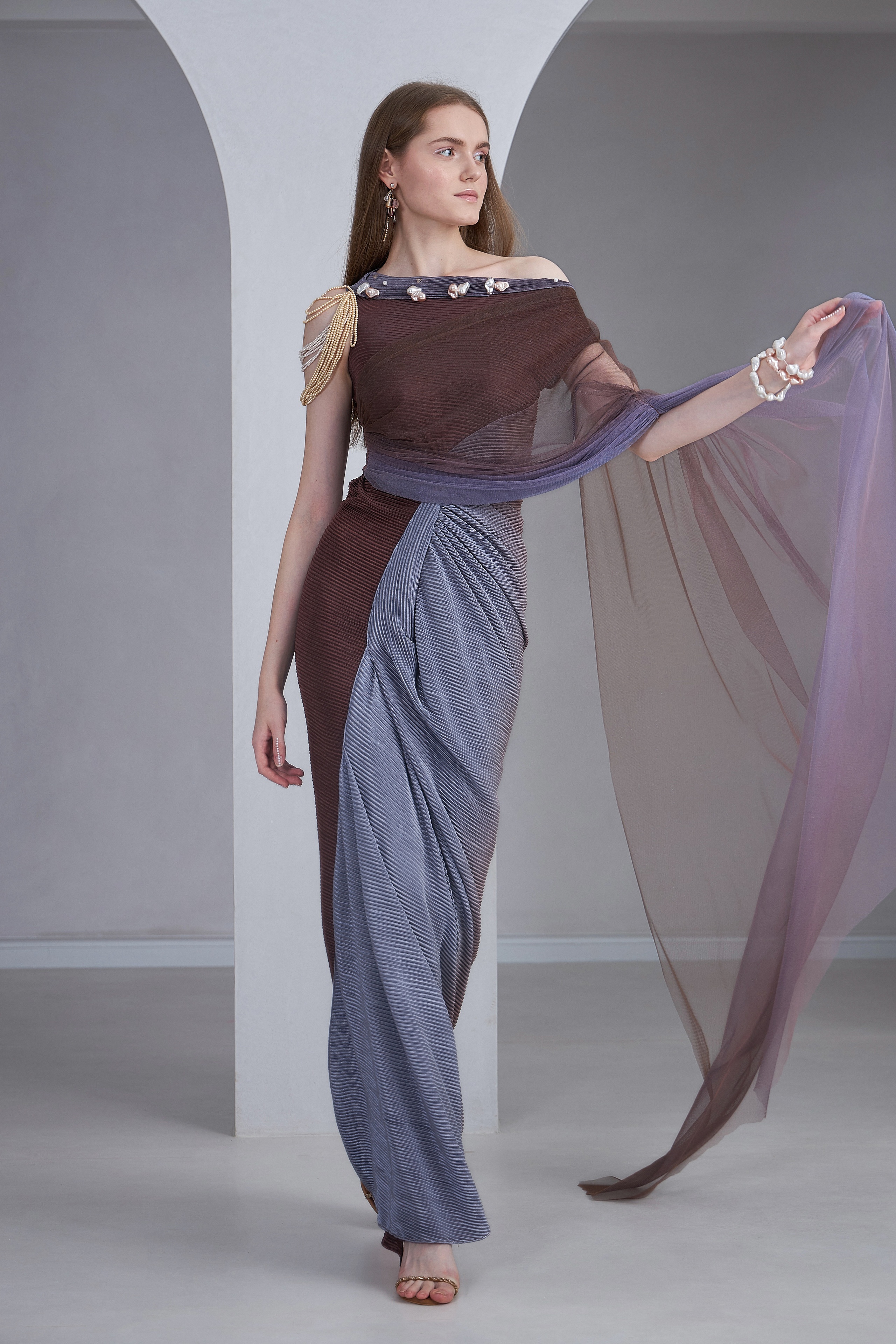 Shaded Asymmetric Neck Draped Gown with Pearl Embellishments