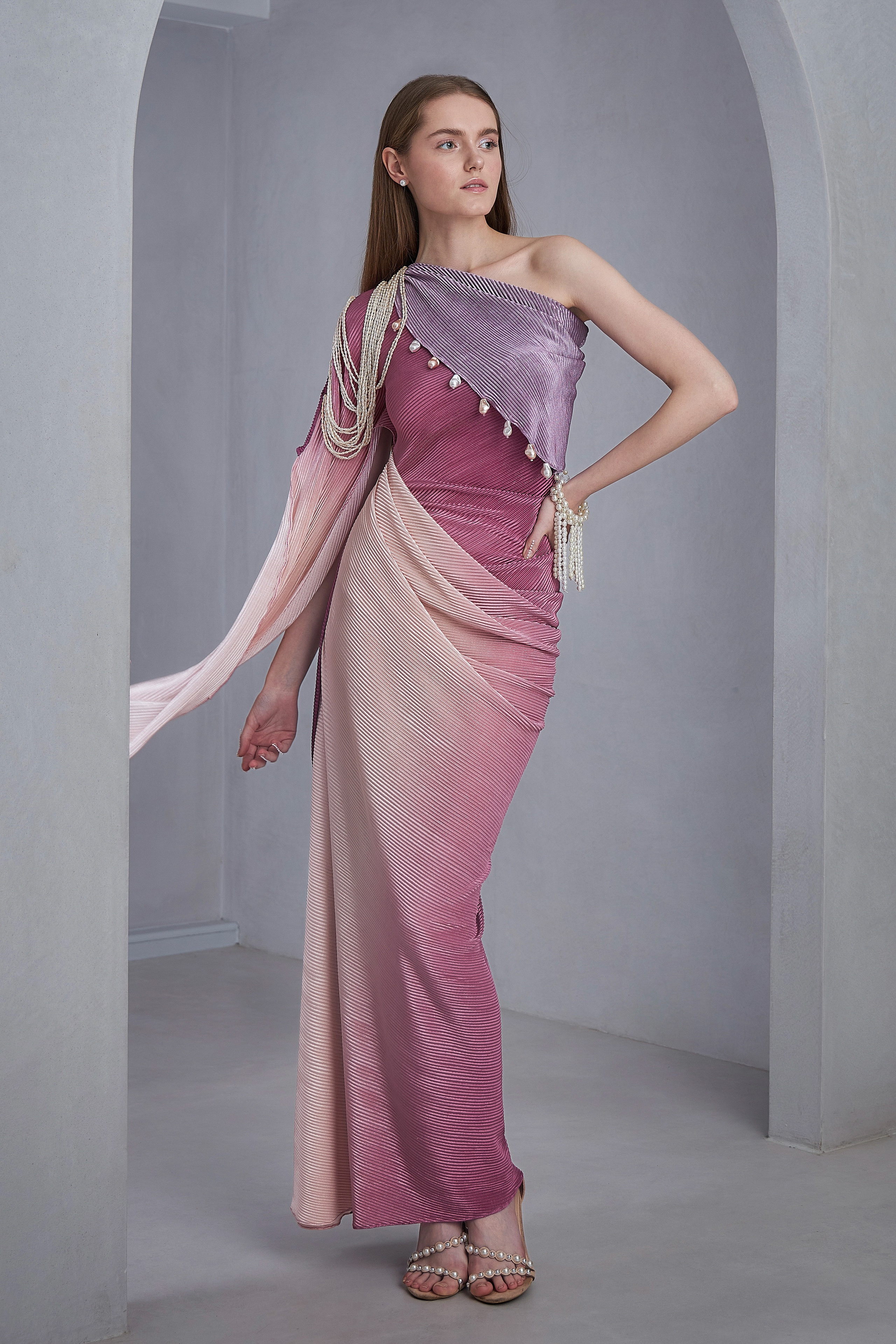 Shaded One Shoulder Gown With Asymmetric Sleeve & Pearl Tassel