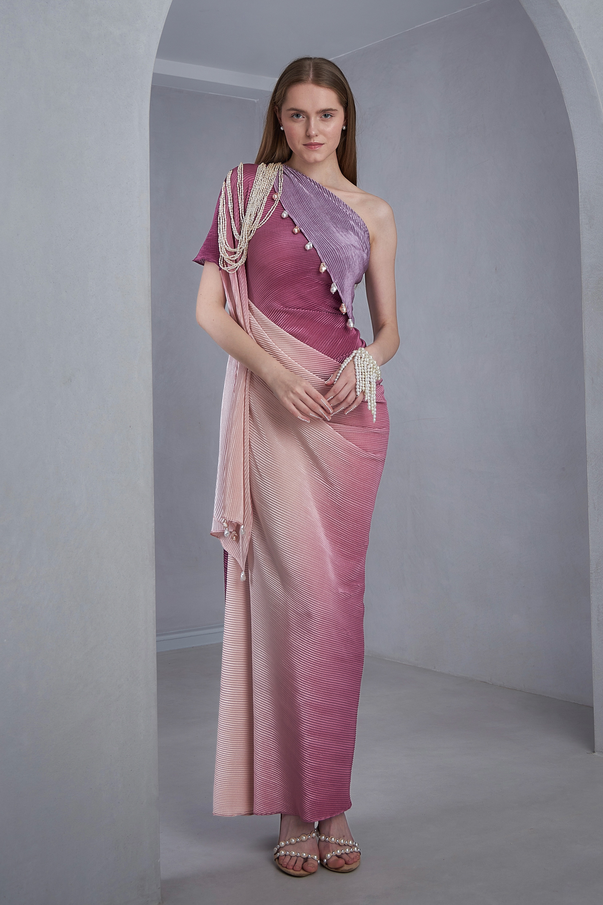 Shaded One Shoulder Gown With Asymmetric Sleeve & Pearl Tassel