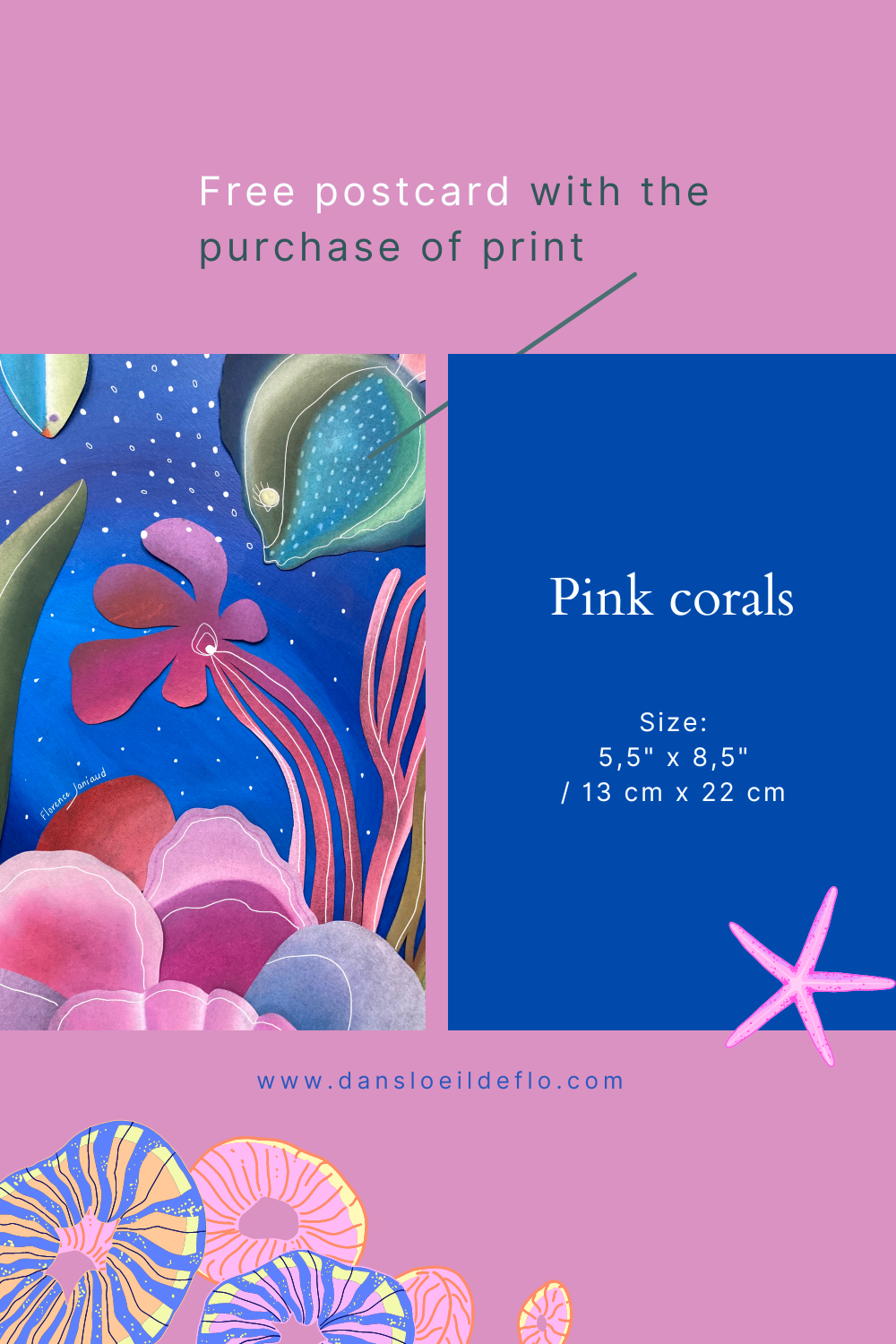 Print, 11''x14'', corals. Soft pastel. Collage.