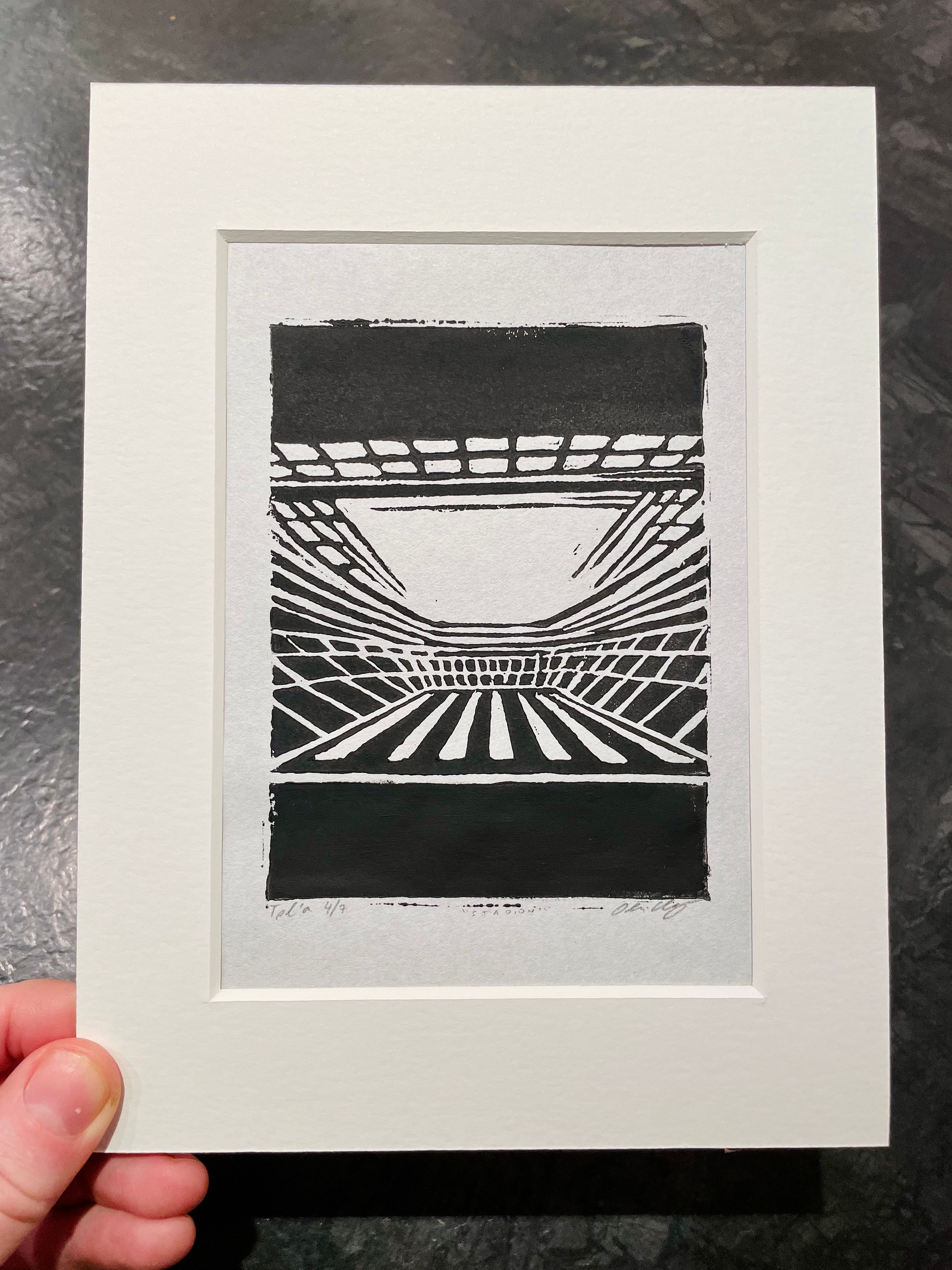 Stadion - Linocut engraving print