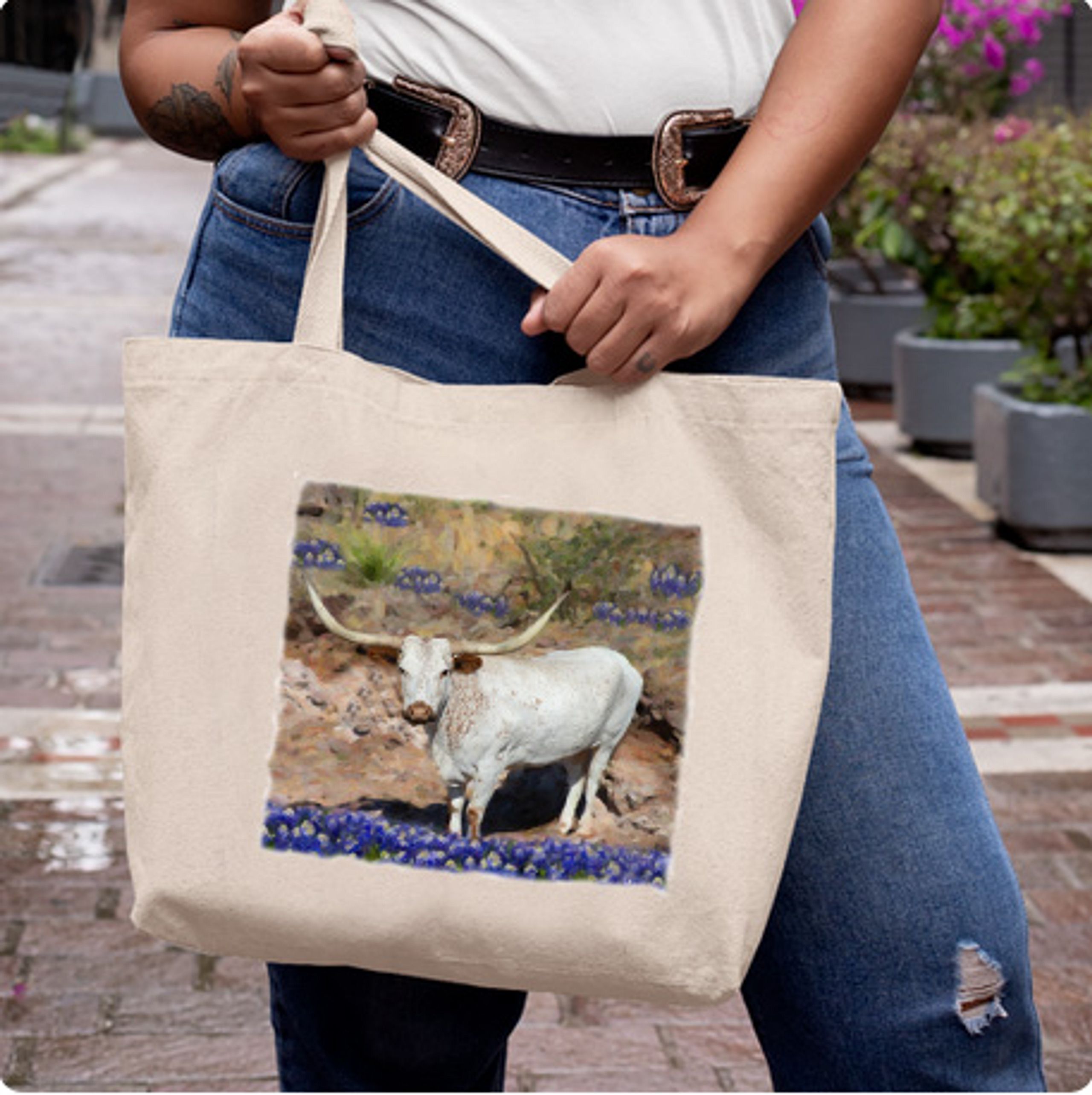 Jumbo Tote in 2 Colors with Longhorn in Bluebonnets