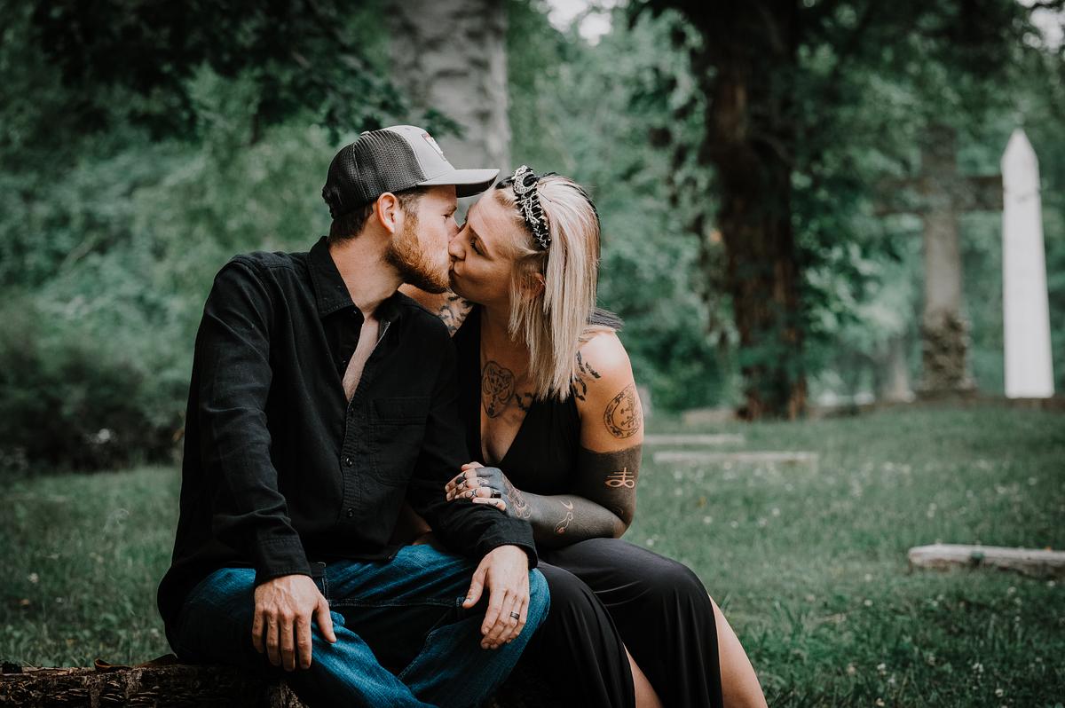 Engagement photo in cemetery in Kansas City, MO