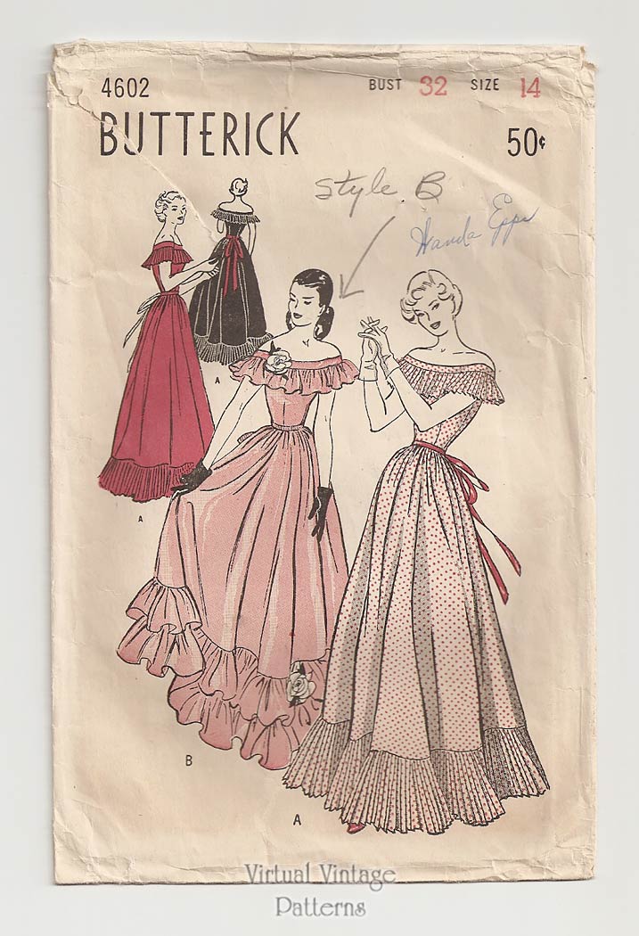 1940s Off-Shoulder Long Dress Pattern, Butterick 4602, Vintage Sewing Pattern