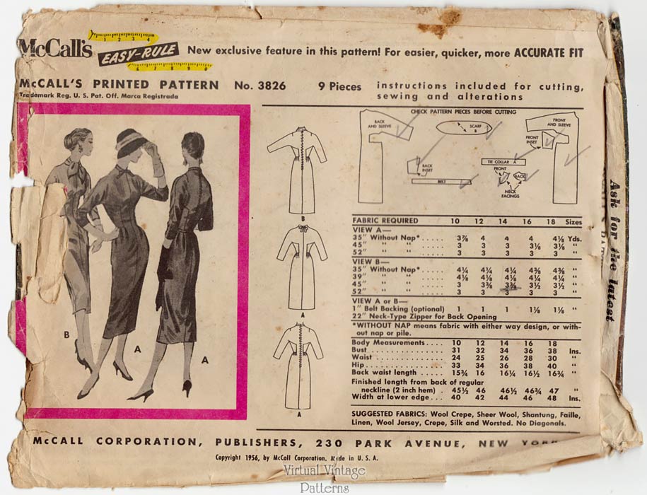 McCalls 3826, 50s Pauline Trigère Sheath Dress Vintage Sewing Pattern
