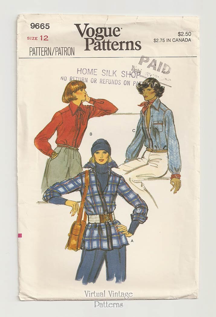 Womens Shirt Pattern, Vogue 9665, Vintage Sewing Pattern, Bust 34, Uncut