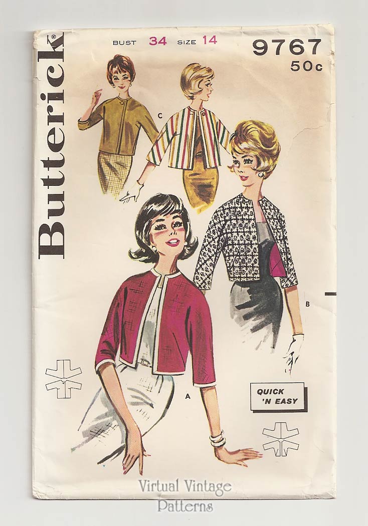 60s Box Jacket Pattern, Butterick 9767, Easy Sewing Patterns, Bust 34 or 36, Uncut