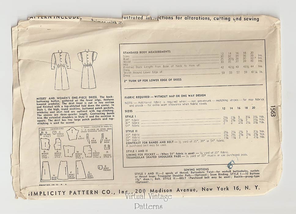 40s Day Dress Pattern, Simplicity 1563, One-Piece Back Button Dress