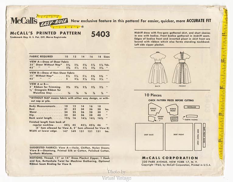 1960s Full Skirt Dress Pattern McCalls 5403, Vintage Sewing Pattern, Bust 36