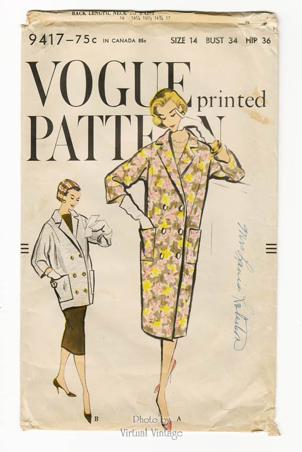 50s Long Coat Pattern, Vogue 9417, Vintage Sewing Patterns, Bust 34