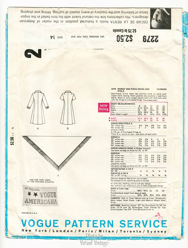Vogue Americana 2279 Oscar de la Renta Dress and Stole Vintage Sewing Pattern Bust 36
