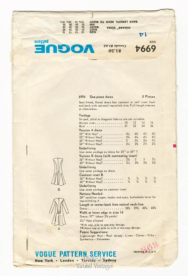 60s Mod Dress Pattern, Vogue 6994, Vintage Sewing Pattern, Bust 34