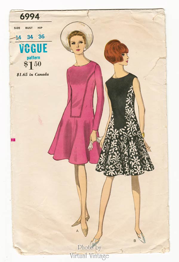 60s Mod Dress Pattern, Vogue 6994, Vintage Sewing Pattern, Bust 34