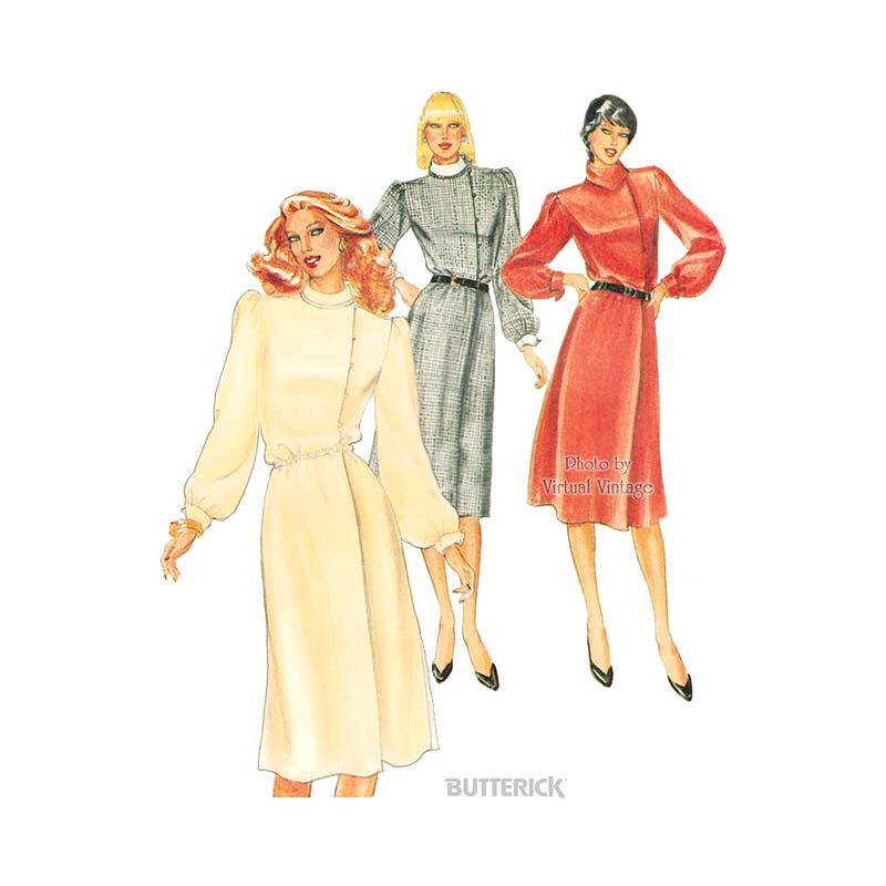 1980s Blouson Dress Pattern Butterick 4040 Side Button Front Midi Dress, Uncut