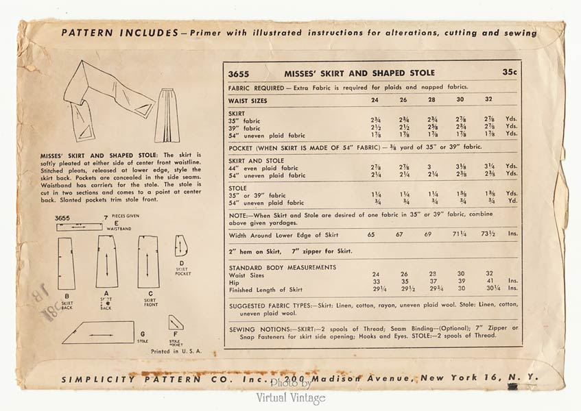 1950s Skirt Pattern Simplicity 3655, Shaped Stole and Pleated Skirt Vintage Sewing Patterns
