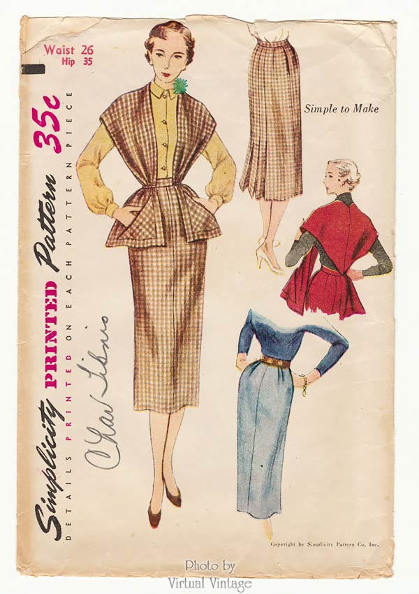 1950s Skirt Pattern Simplicity 3655, Shaped Stole and Pleated Skirt Vintage Sewing Patterns