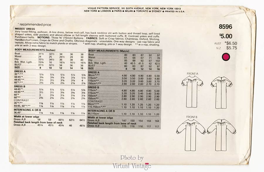 Vogue 8596 Blouson Dress Pattern, Pullover A Line Dress with Pockets, Uncut