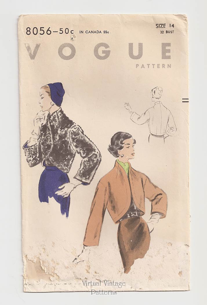 1950s Bolero Jacket Pattern, Vogue 8056, Vintage Sewing Pattern, Bust 32