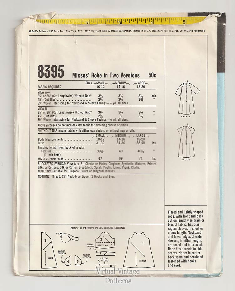 Short Muumuu Pattern, McCalls 8395, Tent Dress or Robe Sewing Patterns, Small