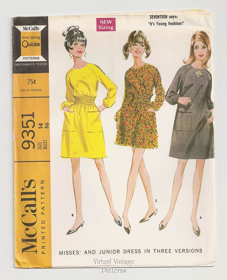 60s Easy Mini Dress Pattern, McCalls 9351, Vintage Sewing Patterns, Bust 36, Uncut