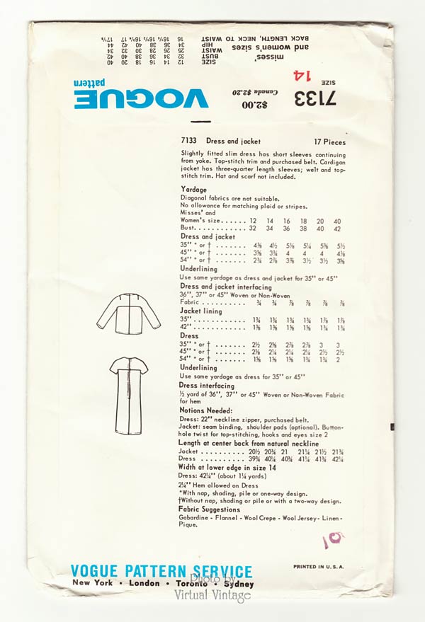 60s Cardigan Jacket & Shift Dress Pattern, Vogue 7133, Vintage Sewing Patterns, Uncut