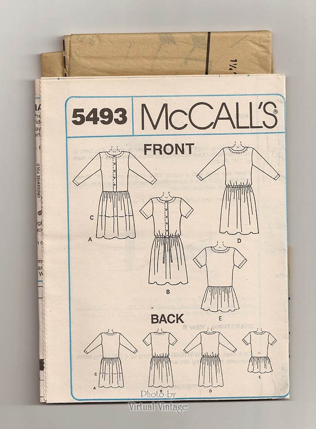 Easy Drop Waist Dress Pattern, McCalls 5493, Loose-fitting Dress, Size 14 to 16, Uncut