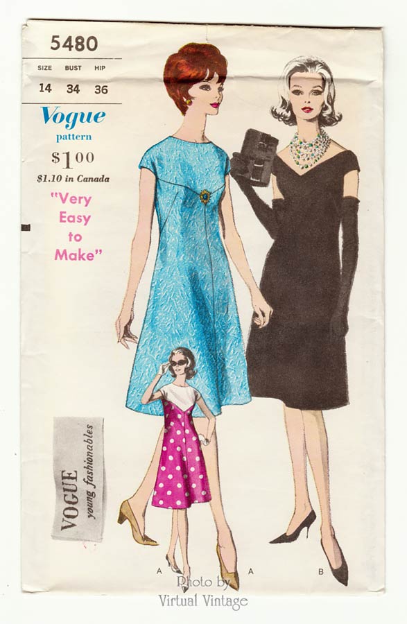 Easy Sewing 1960s Cocktail Dress Pattern, Vogue 5480, Bust 34, Uncut