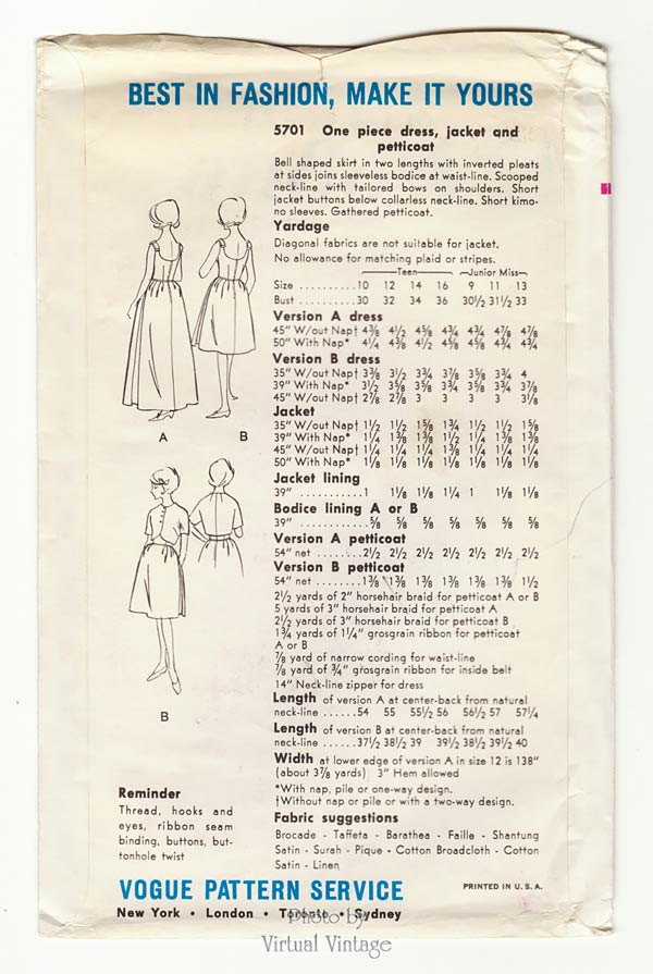 1960s Evening Gown Pattern Vogue 5701, Sleeveless Bell Skirt Dress, Petticoat & Jacket