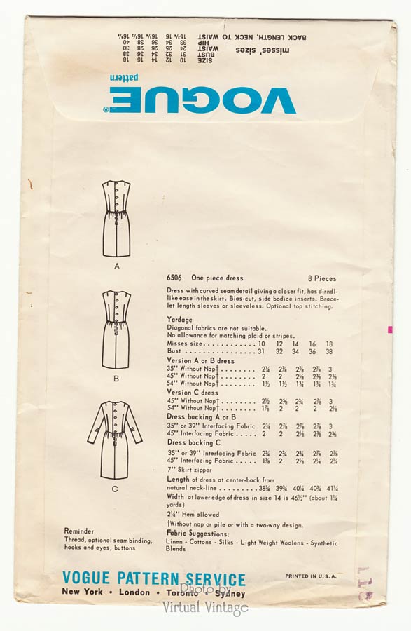 1960s Vogue Dress Pattern 6506, Vintage Sewing Patterns, Uncut