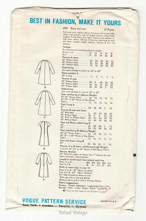 1960s Vogue Special Design 6904, A Line Dress & Coat Patterns, Bust 34