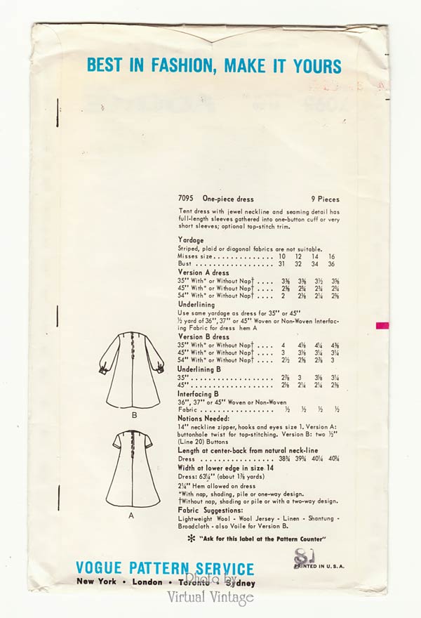 Vogue 7095 60s Tent Dress Pattern, Bust 34, Uncut