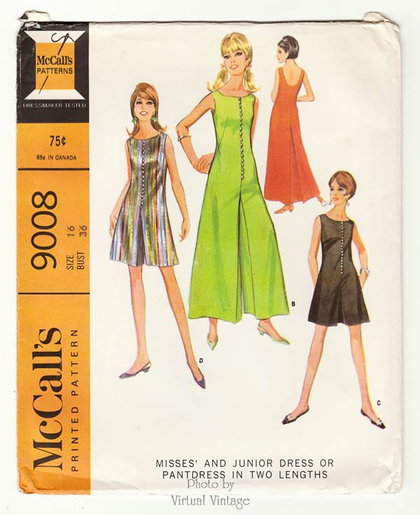 60s Palazzo Jumpsuit Pattern McCalls 9008, Sleeveless Pantdress or Dress, Bust 36 Uncut
