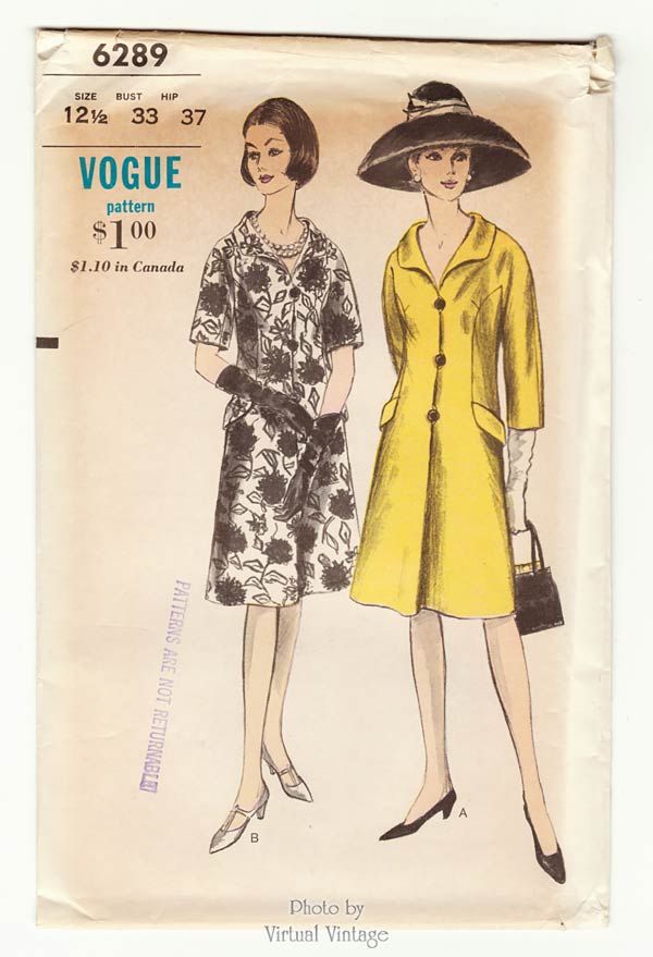 60s Coat Dress Pattern, Vogue 6289, Vintage Sewing Pattern, Bust 33 Uncut