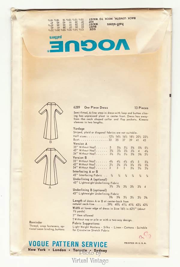 60s Coat Dress Pattern, Vogue 6289, Vintage Sewing Pattern, Bust 33 Uncut
