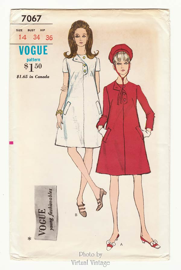 1960s Mod A Line Dress Pattern, Vogue 7067, Vintage Sewing Patterns Bust 34 Uncut
